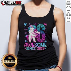 Alt Text: Cute 6-year-old wearing a unicorn tank top that says 'Awesome Since 2019', perfect for kids' summer fashion.