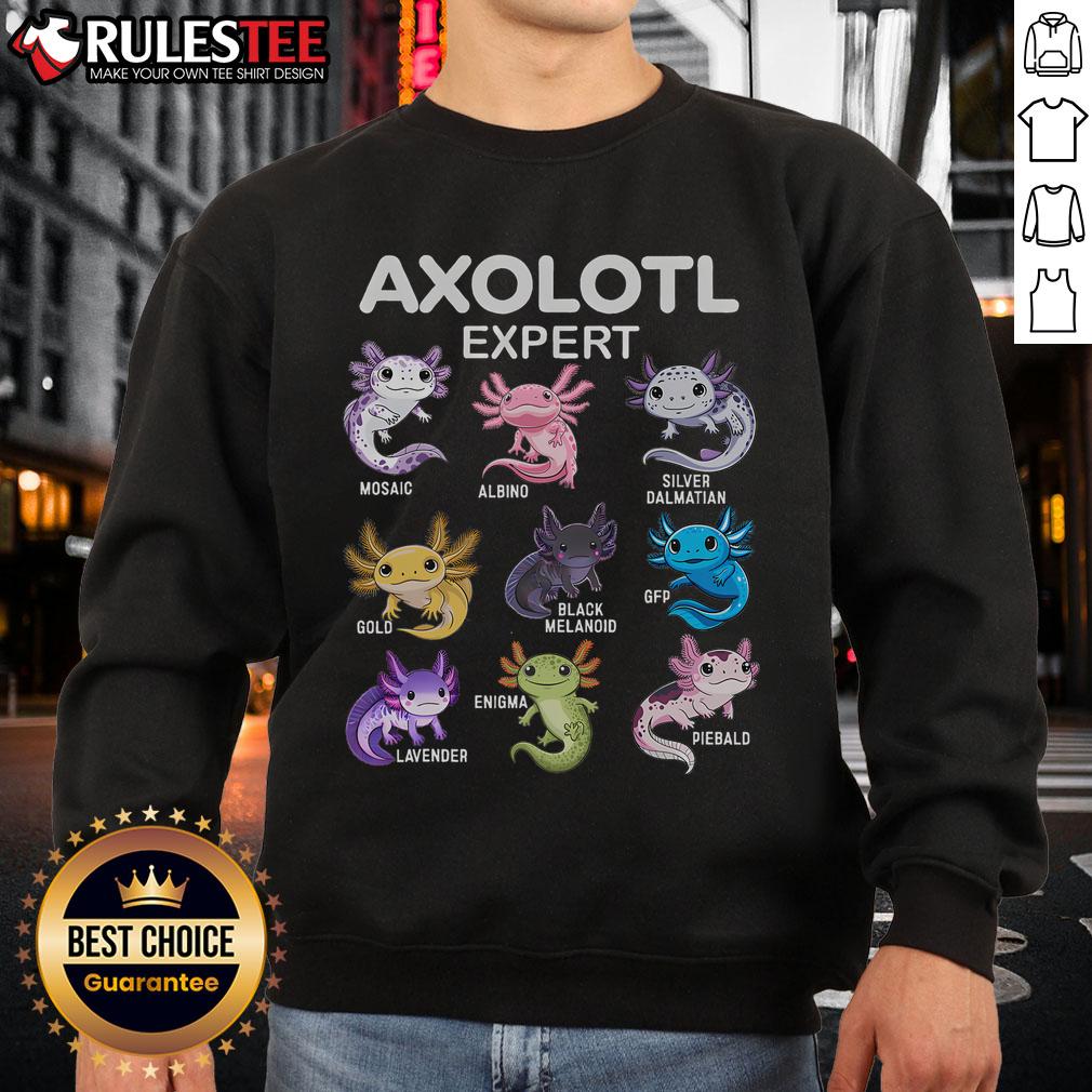 Adorable Cute Axolotl Expert sweatshirt featuring a vibrant axolotl graphic, perfect for animal lovers and cozy wear.