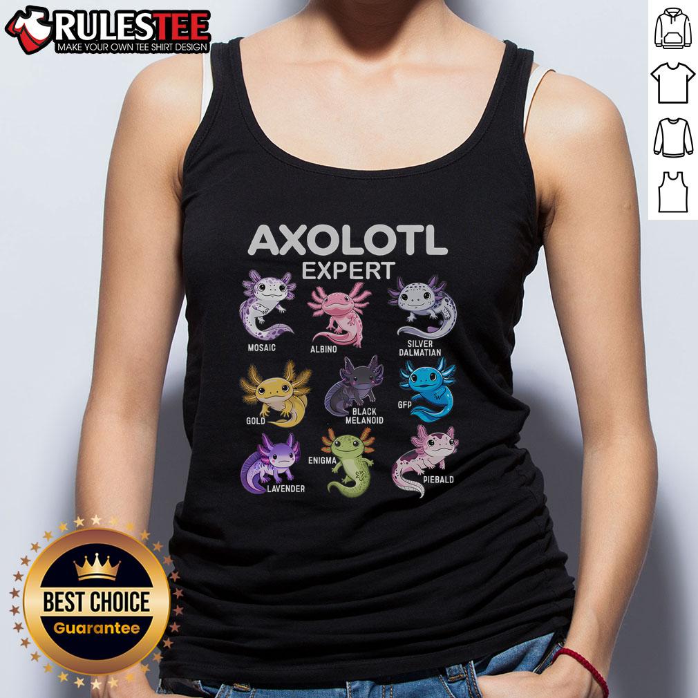 Cute axolotl expert tank top featuring a colorful axolotl design, perfect for aquarists and animal lovers.