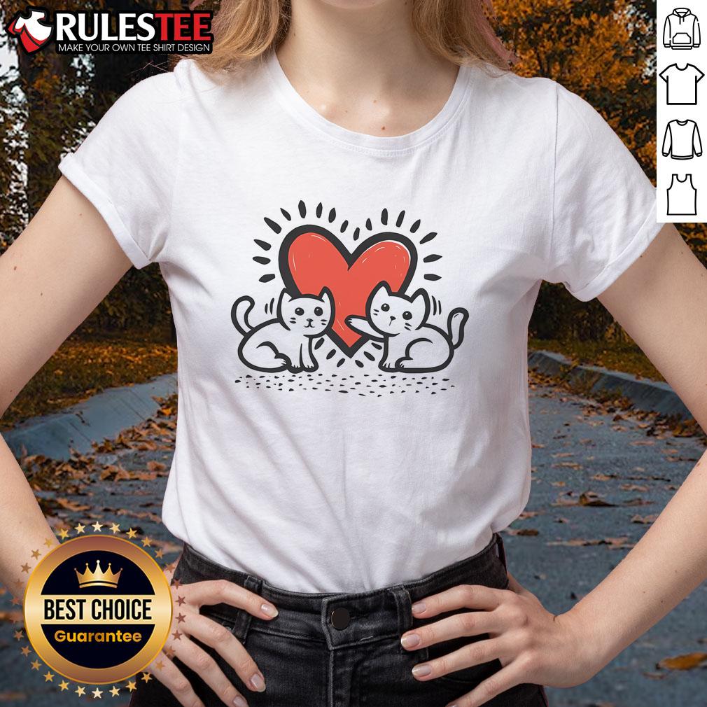 Cute Cats Doodle Heart design on a ladies tee, featuring playful felines and a charming heart motif.