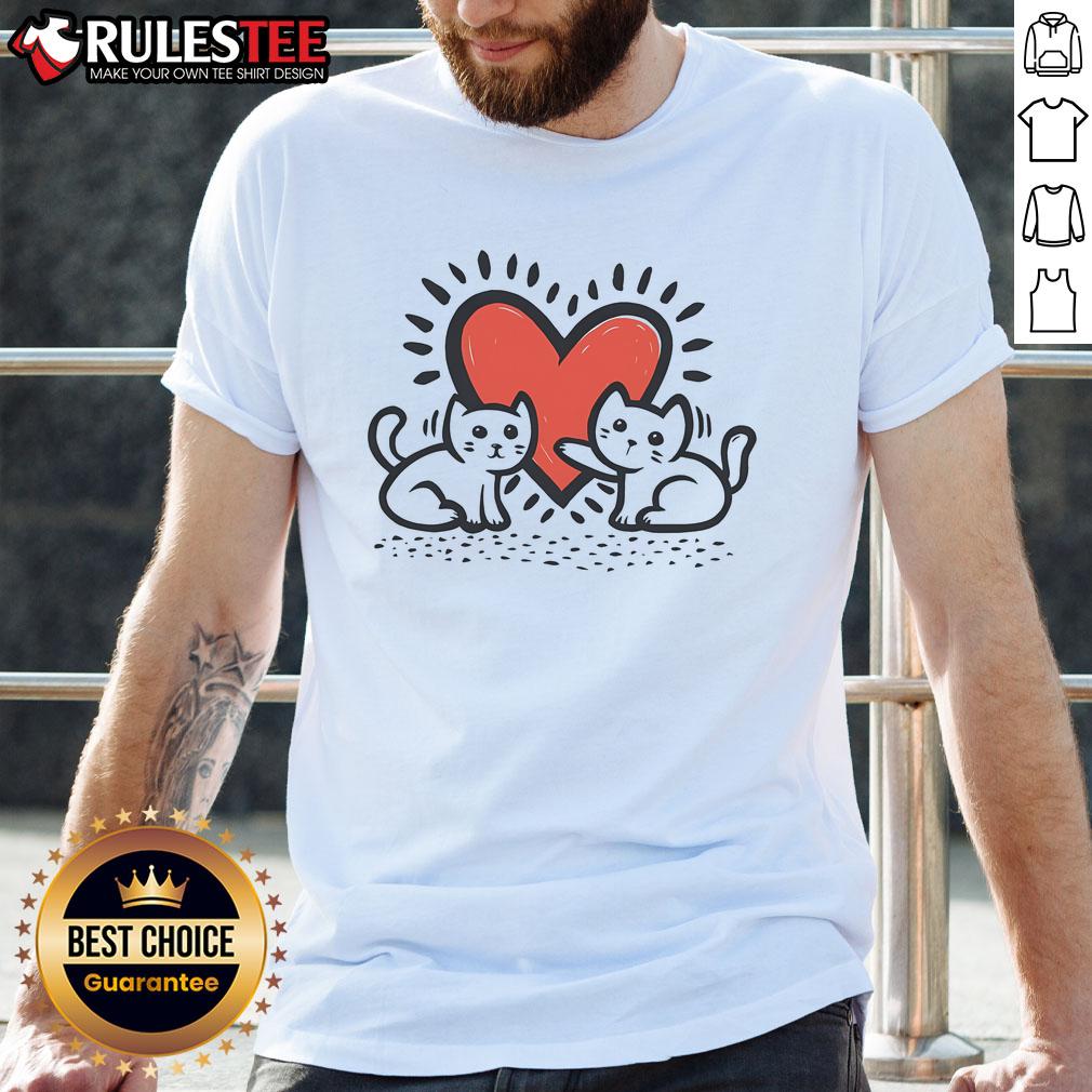 Cute Cats Doodle Heart T-Shirt featuring playful cat illustrations and a vibrant heart design, perfect for cat lovers.