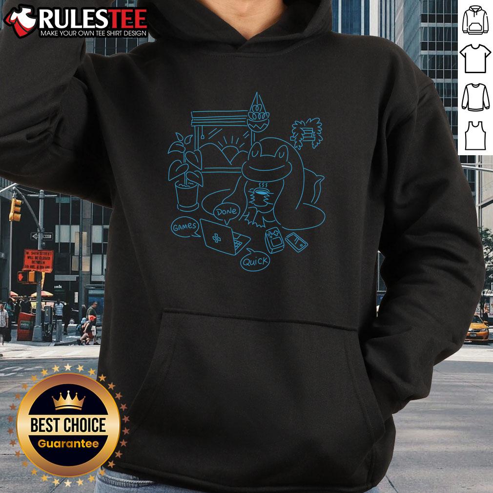 Alt Text: Cute GDQ Home Frog Hoodie featuring a vibrant frog design, perfect for cozy lounging and stylish casual wear.