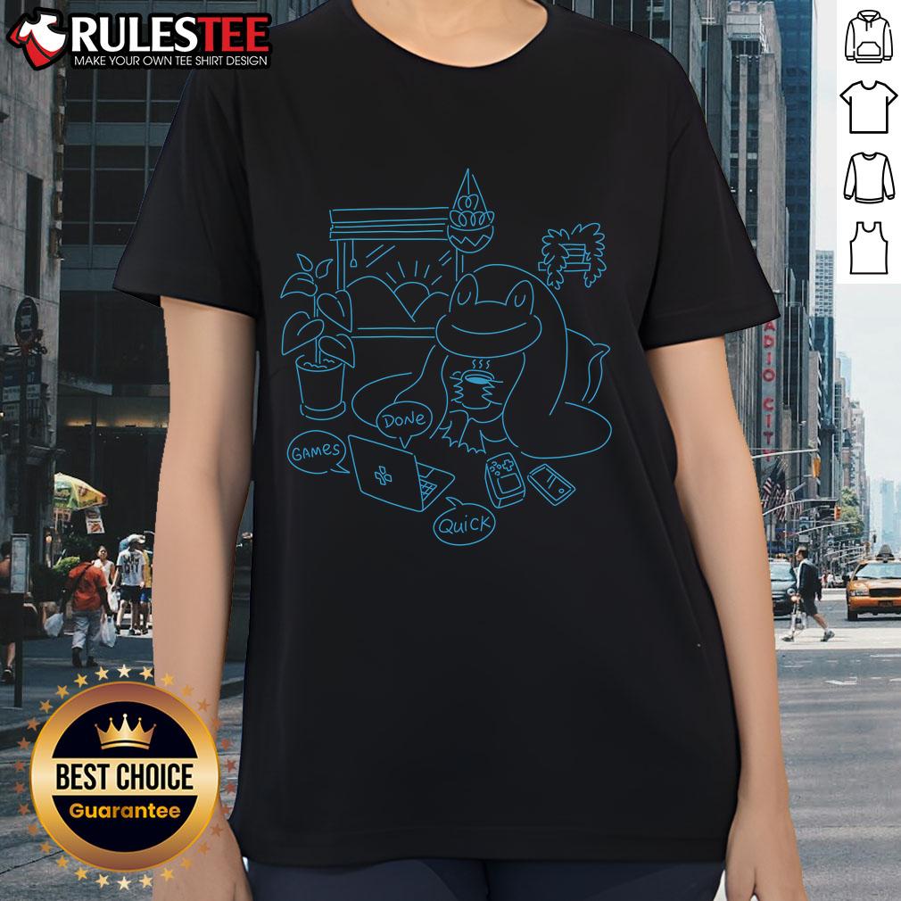 Cute GDQ Home Frog Ladies Tee featuring a playful frog design on a comfortable women's shirt.