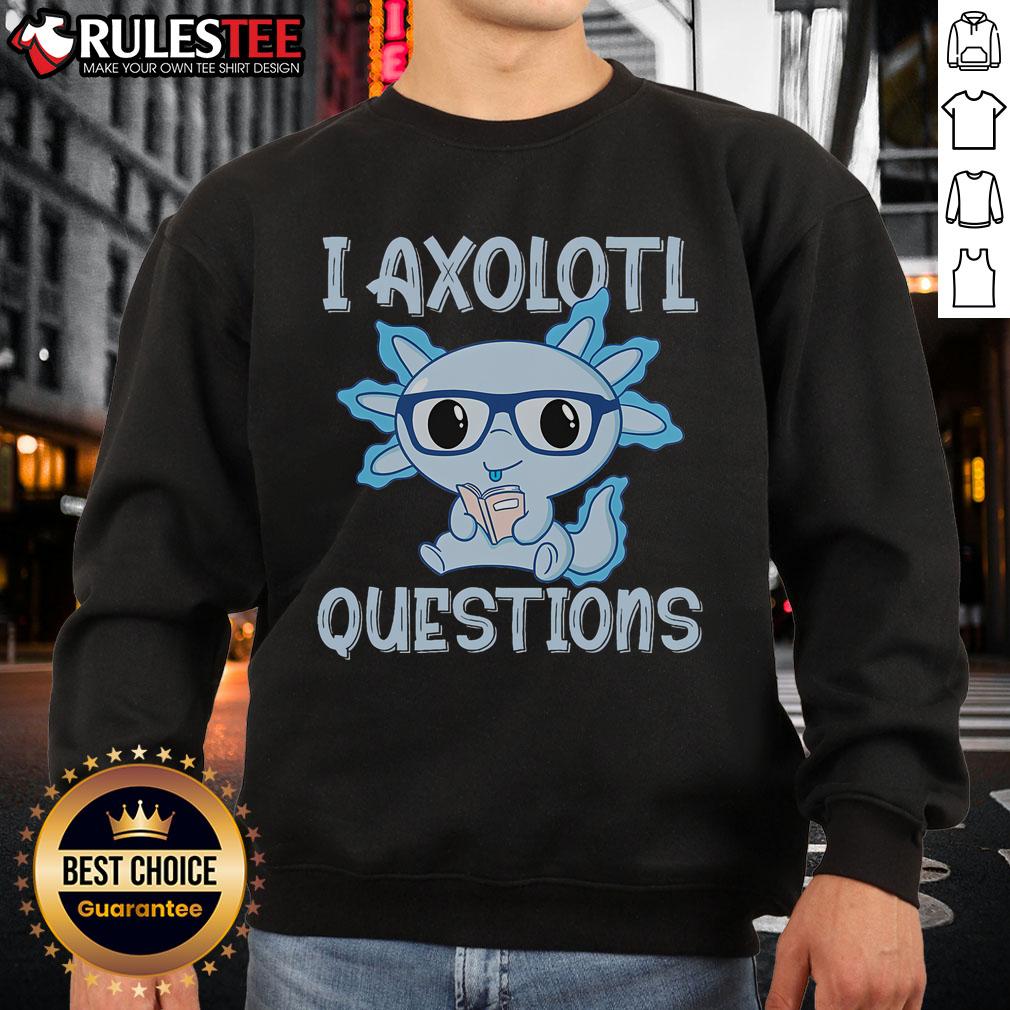 Adorable axolotl in a cozy sweatshirt reading a book, featuring a cute design perfect for axolotl lovers.