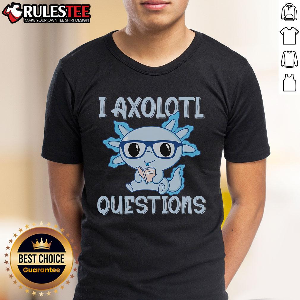 Adorable 'Cute I Axolotl Questions' t-shirt featuring an axolotl reading a book, perfect for animal lovers and book enthusiasts.
