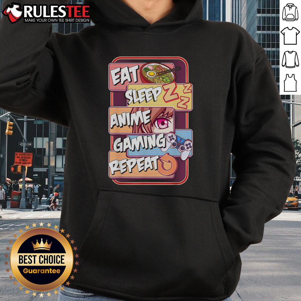 Alt Text: Kawaii otaku hoodie featuring Eat Sleep Anime Gaming Repeat design, perfect for anime and manga lovers.
