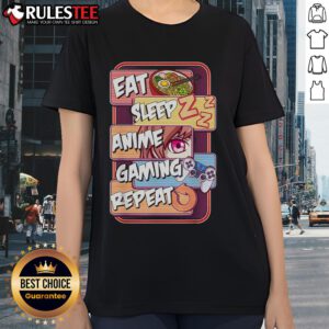Cute Kawaii Otaku Eat Sleep Anime Gaming Repeat Tee for ladies, featuring vibrant anime and manga graphics. Perfect for fans!