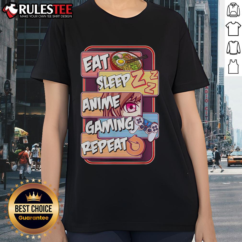 Cute Kawaii Otaku Eat Sleep Anime Gaming Repeat Tee for ladies, featuring vibrant anime and manga graphics. Perfect for fans!