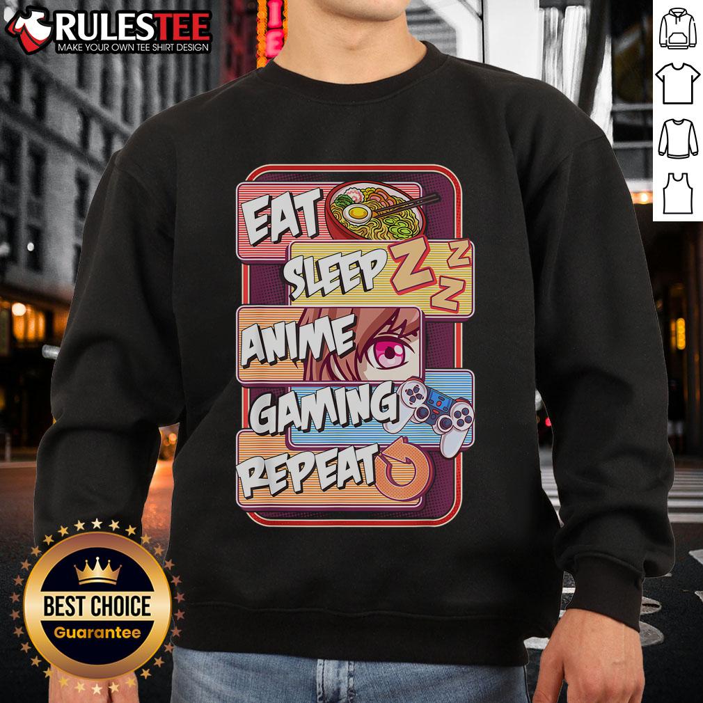Cute Kawaii Otaku Eat Sleep Anime Gaming Repeat sweatshirt featuring vibrant anime and manga designs for fans.