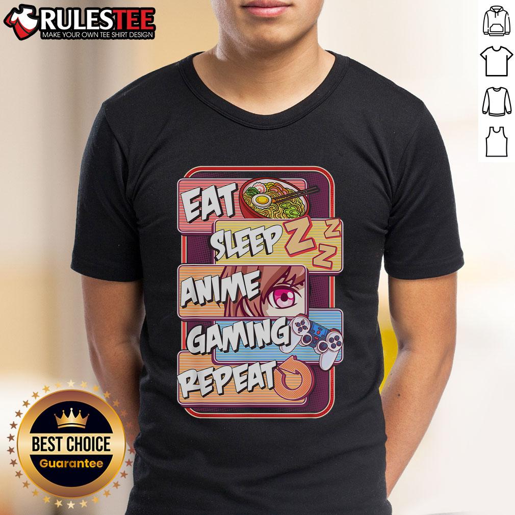 Alt Text: Cute Kawaii Otaku T-Shirt featuring 'Eat Sleep Anime Gaming Repeat' design with colorful anime and manga graphics.