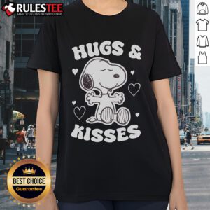 Alt Text: Cute Peanuts Snoopy Valentine's Day Hugs and Kisses ladies tee featuring lovable Snoopy design.