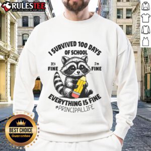 Cute raccoon wearing a I Survived 100 Days of School sweatshirt, showcasing a fun and playful school spirit theme.