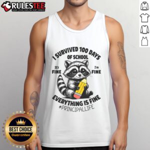 Alt Text: Cute raccoon wearing a I Survived 100 Days of School tank top, showcasing a fun and playful school spirit.