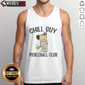 Funny Chill Guy meme wearing a pickleball club tank top, showcasing a relaxed vibe and love for the sport.