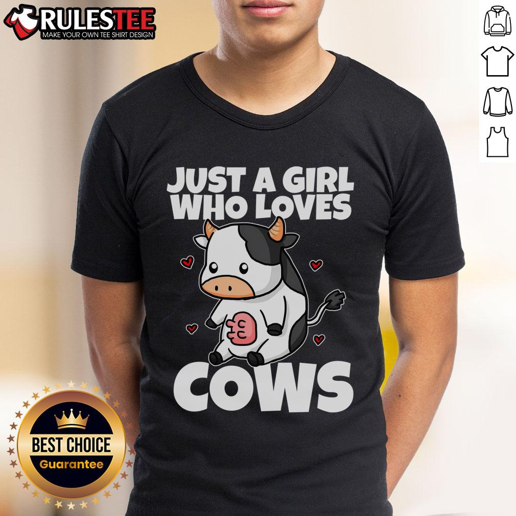 Alt Text: Cute cow illustration on a t-shirt with the phrase Just a girl who loves cow for milk farmers and animal lovers.