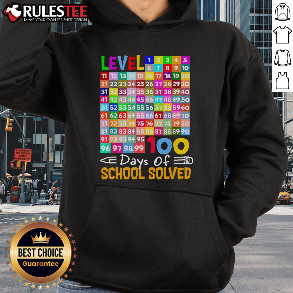 Math teacher and students wearing 'Top Level 100 Days of School' hoodies, celebrating learning milestones in a classroom.