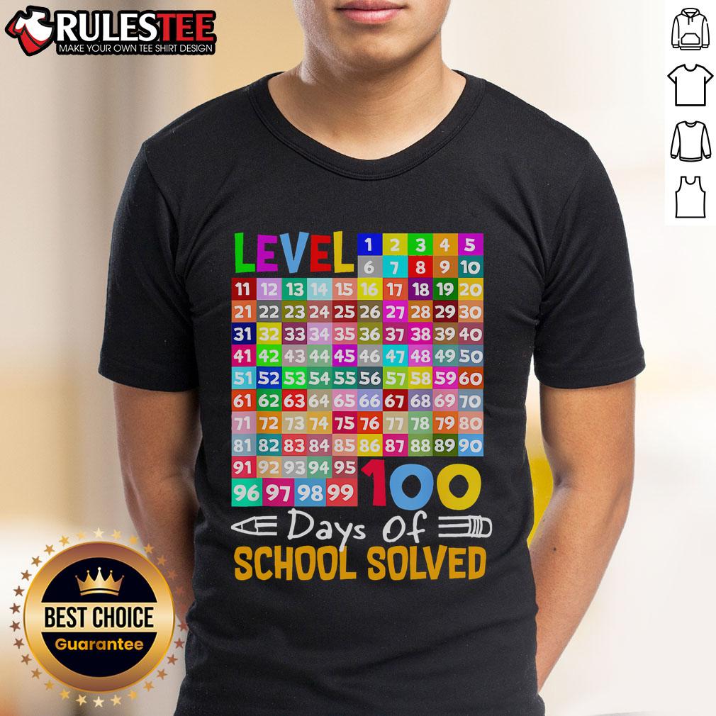 Top Level 100 Days Of School Solved Math Teacher Students T-Shirt featuring fun graphics for educators and students.