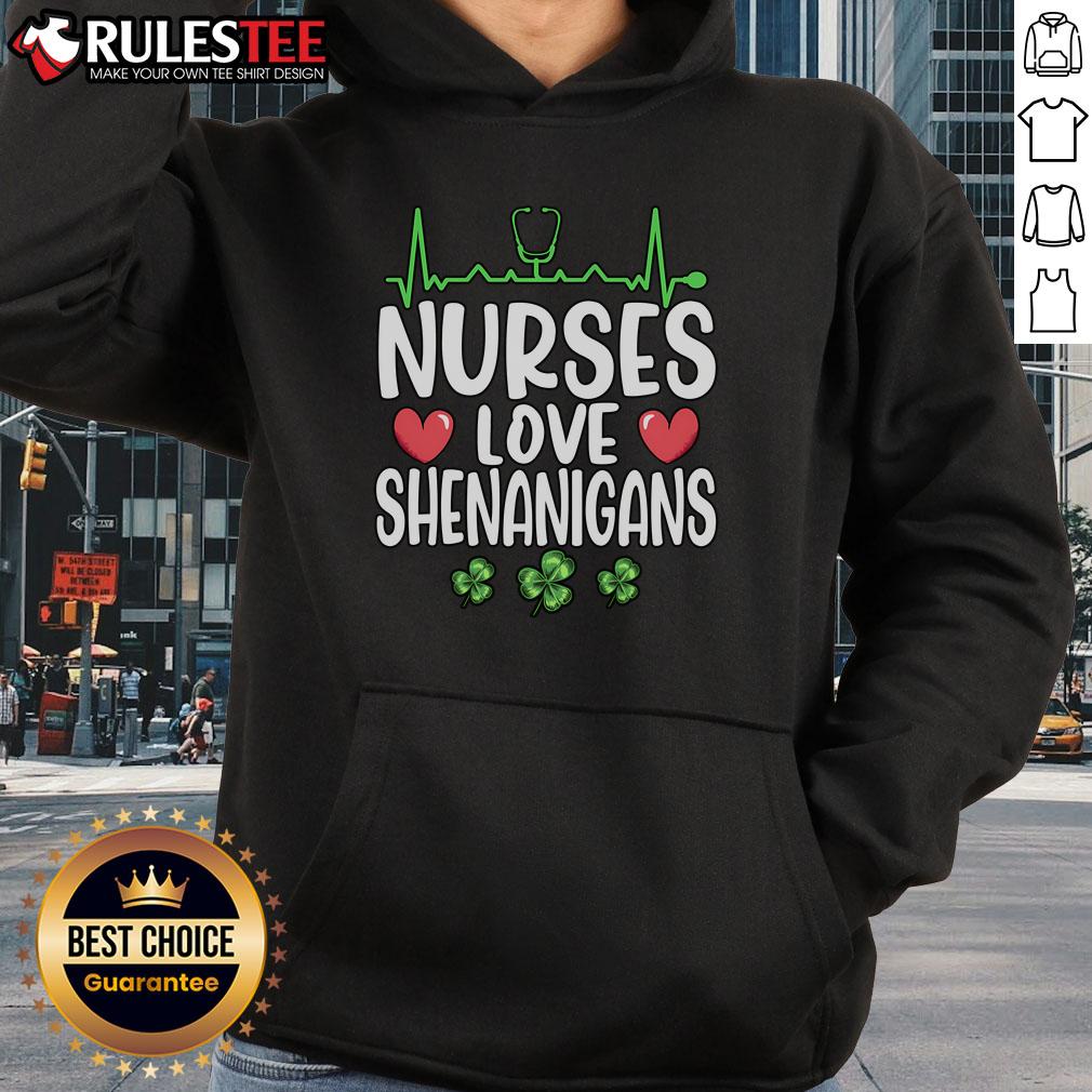 Alt Text: Top Nurses Love Shenanigans Saint Patrick's Day Hoodie featuring a festive green design and nursing-themed graphics.