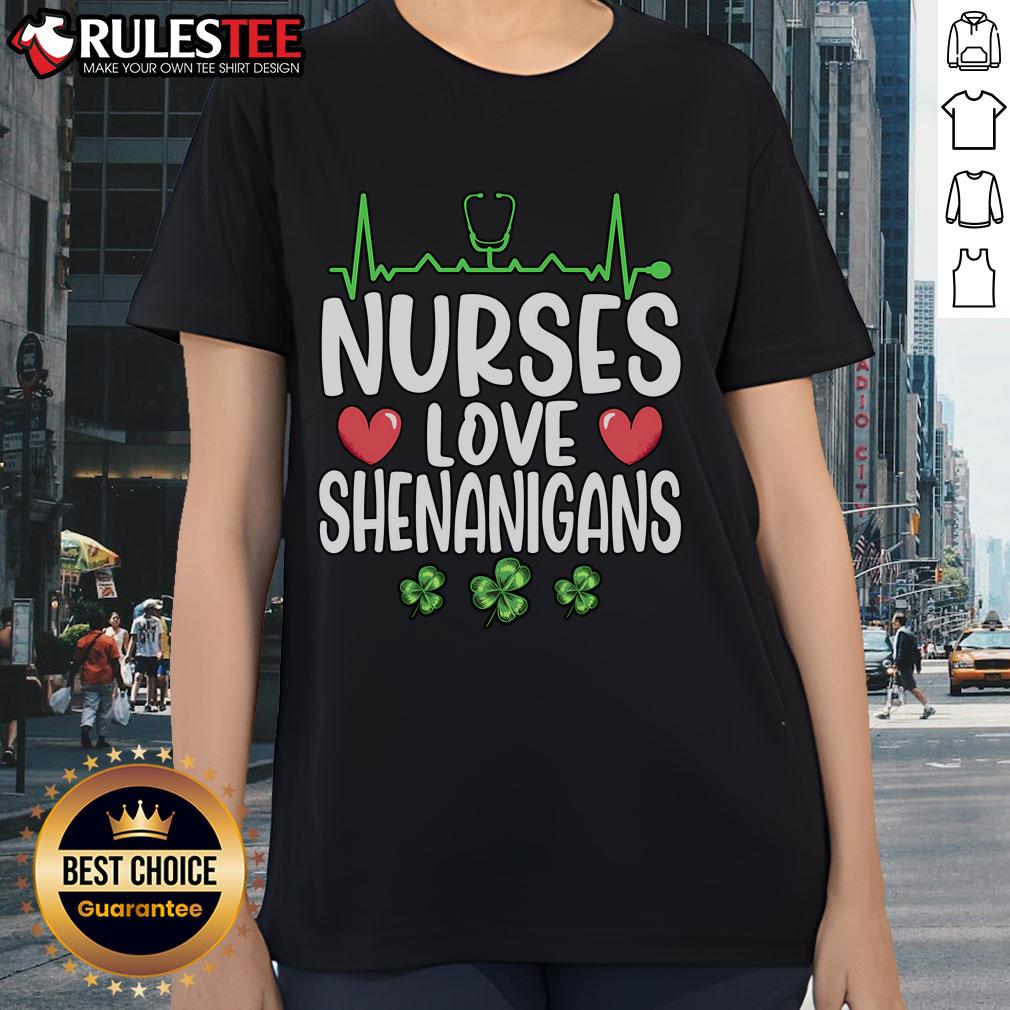 Top Nurses Love Shenanigans Saint Patrick's Day Ladies Tee featuring festive green design and cheerful nurse graphics.