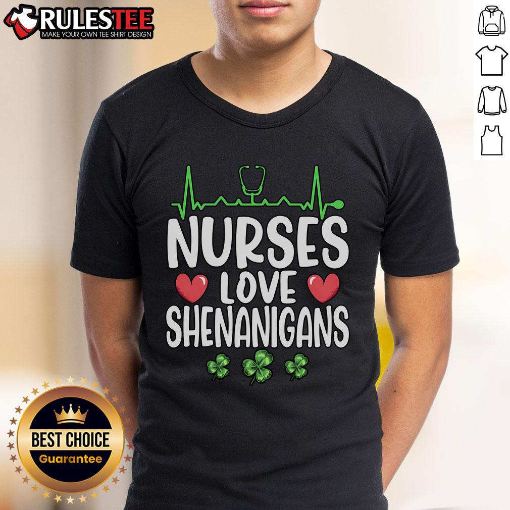 Alt Text: Top Nurses Love Shenanigans Saint Patrick's Day T-Shirt featuring a fun design perfect for celebrating the holiday.