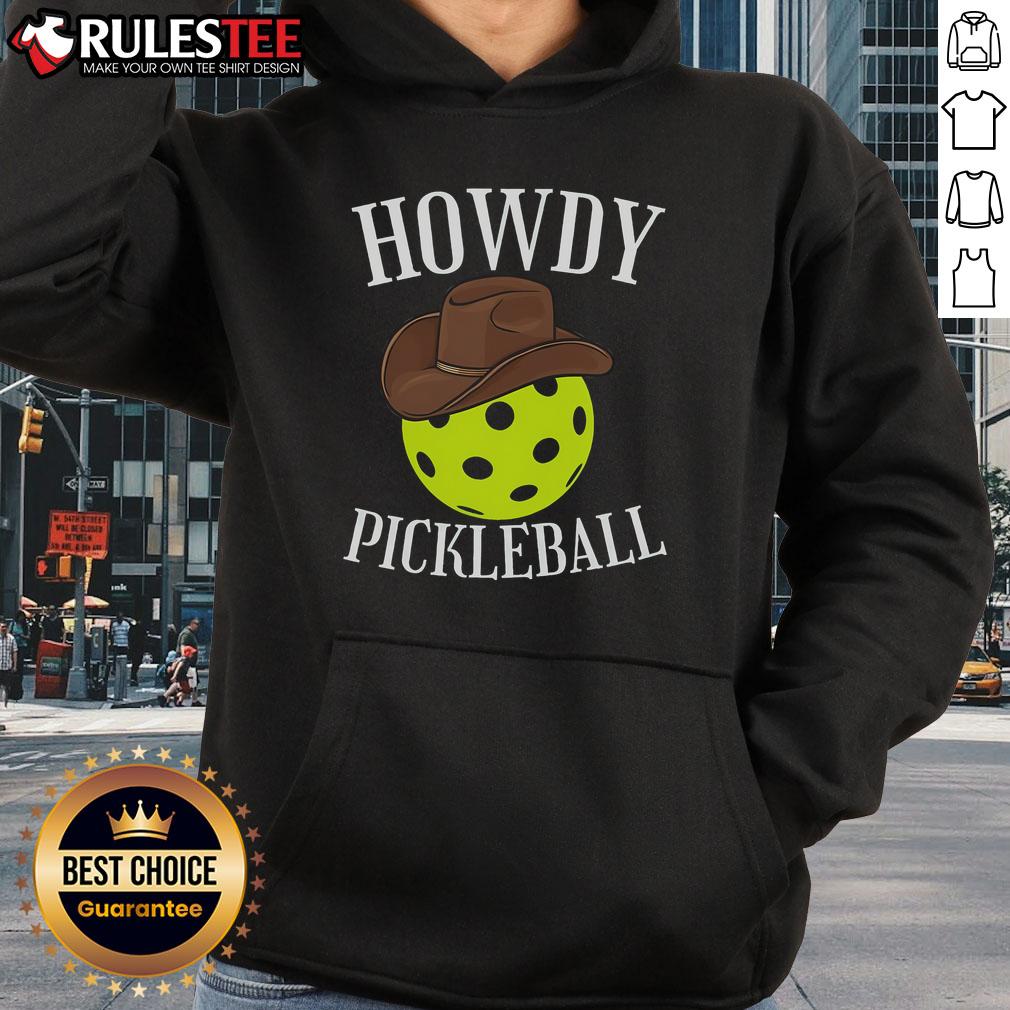 Alt Text: Awesome Howdy Pickleball hoodie featuring a cowboy and cowgirl design, perfect for Western pickleball lovers.