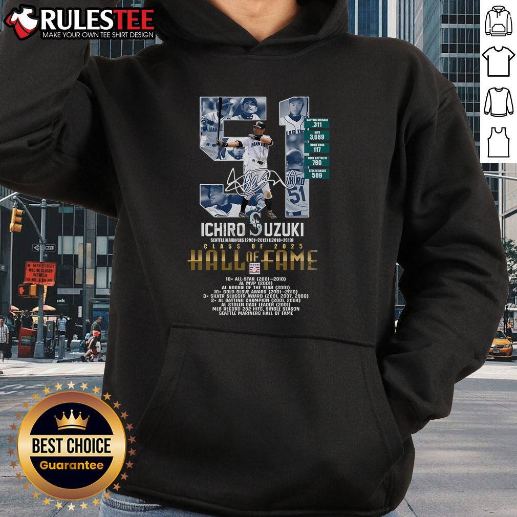 Awesome Ichiro Suzuki Class of 2025 Hall of Fame hoodie featuring bold graphics and a stylish design for fans.