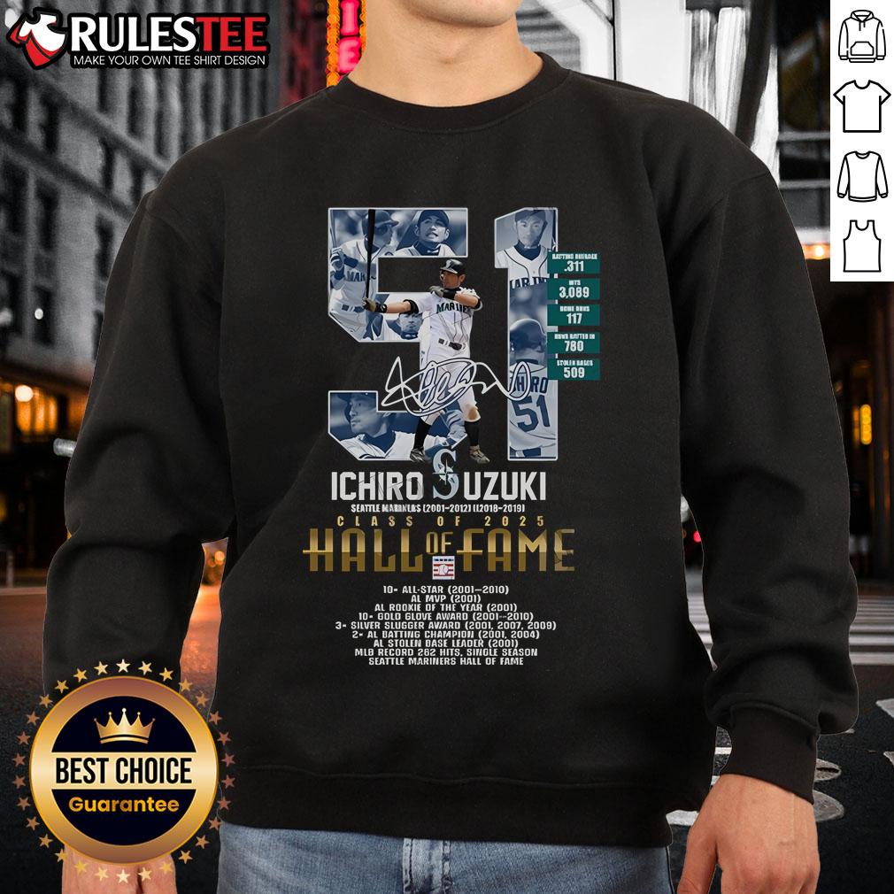 Awesome Ichiro Suzuki Class of 2025 Hall of Fame sweatshirt featuring a stylish design celebrating the baseball legend.