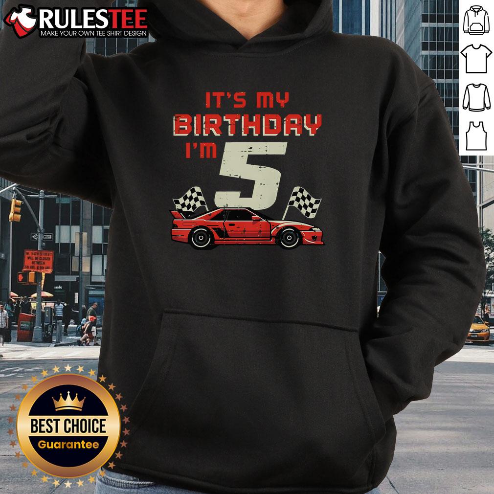 5th birthday hoodie featuring a race car design, perfect for celebrating an awesome birthday for a five-year-old.