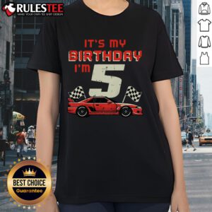5th birthday race car tee for girls, featuring 'It's My Birthday, I'm 5!' design perfect for celebrating a five-year-old.