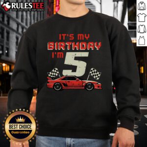 5th birthday sweatshirt featuring a race car design for celebrating an awesome birthday for a five-year-old.