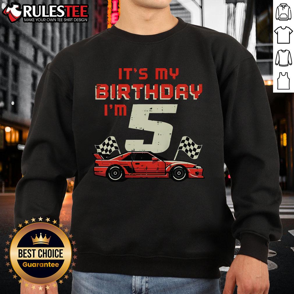 5th birthday sweatshirt featuring a race car design for celebrating an awesome birthday for a five-year-old.
