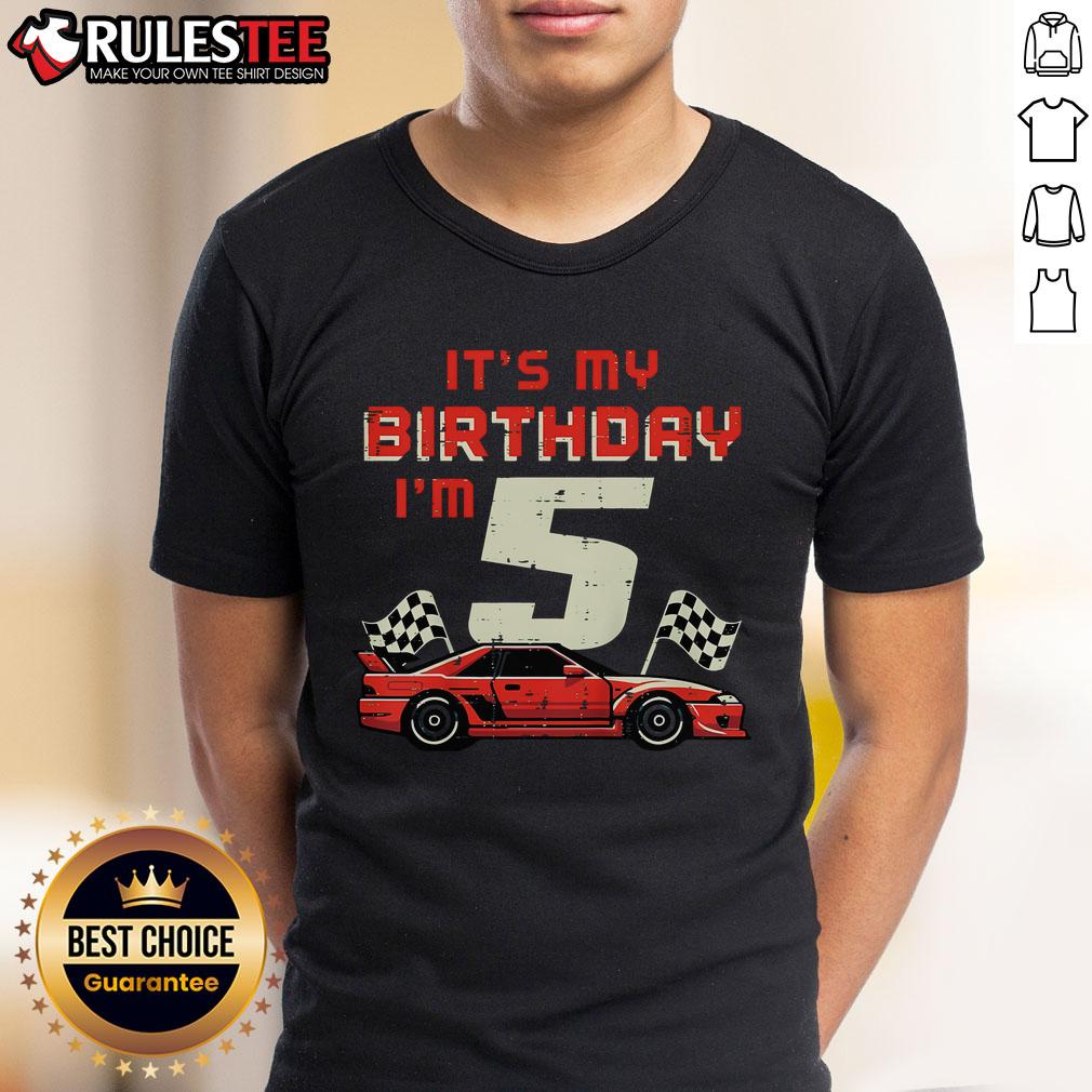 Colorful race car graphic on a 5th birthday t-shirt for boys, celebrating an awesome 5th birthday milestone.