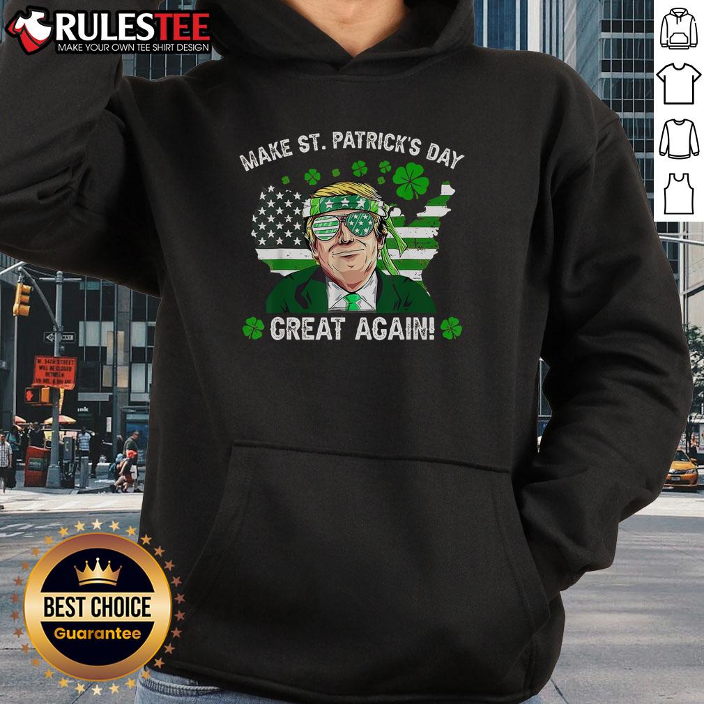 Awesome St. Patrick's Day hoodie featuring Trump, US flag, and Irish clover design for festive celebrations.