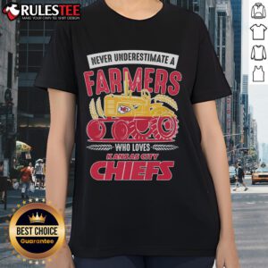 Awesome Never Underestimate A Farmer's Kansas City Chiefs Ladies Tee featuring a vibrant design and comfortable fit.