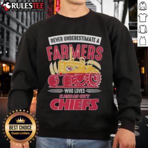 Awesome sweatshirt featuring 'Never Underestimate a Farmer' design, perfect for Kansas City Chiefs fans.