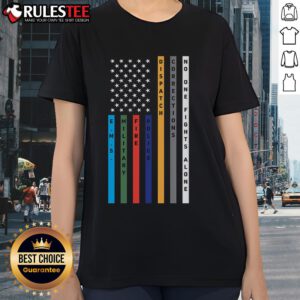 Awesome No One Fights Alone Support Our Heroes flag design on a women's tee shirt, promoting solidarity and support.