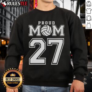 Awesome Proud Volleyball Mom Number 27 Sweatshirt in navy blue, perfect for cheering at games and showing team spirit.