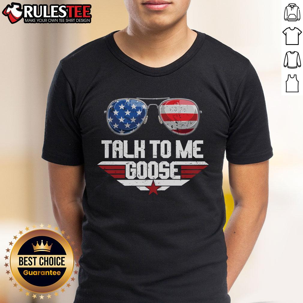 Alt Text: Awesome Talk To Me Goose T-Shirt featuring American flag glasses design, perfect for patriotic fans and aviation lovers.