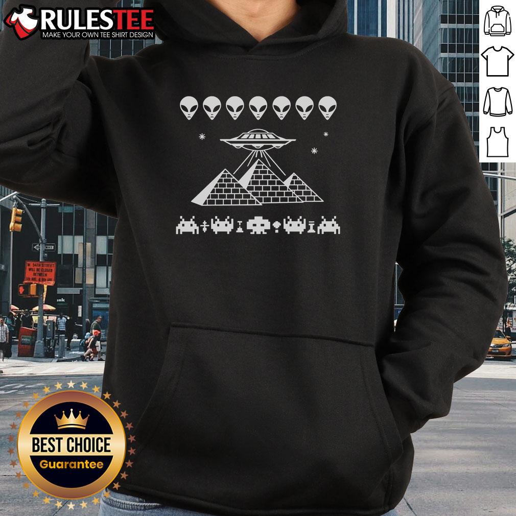 Awesome UFO Pyramid Space Invader Hoodie featuring a vibrant alien graphic on a cozy black sweatshirt.