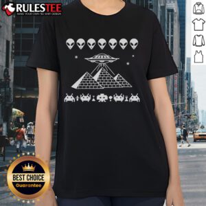 Awesome UFO Pyramid Space Invader Ladies Tee featuring a vibrant alien design on a stylish women's t-shirt.