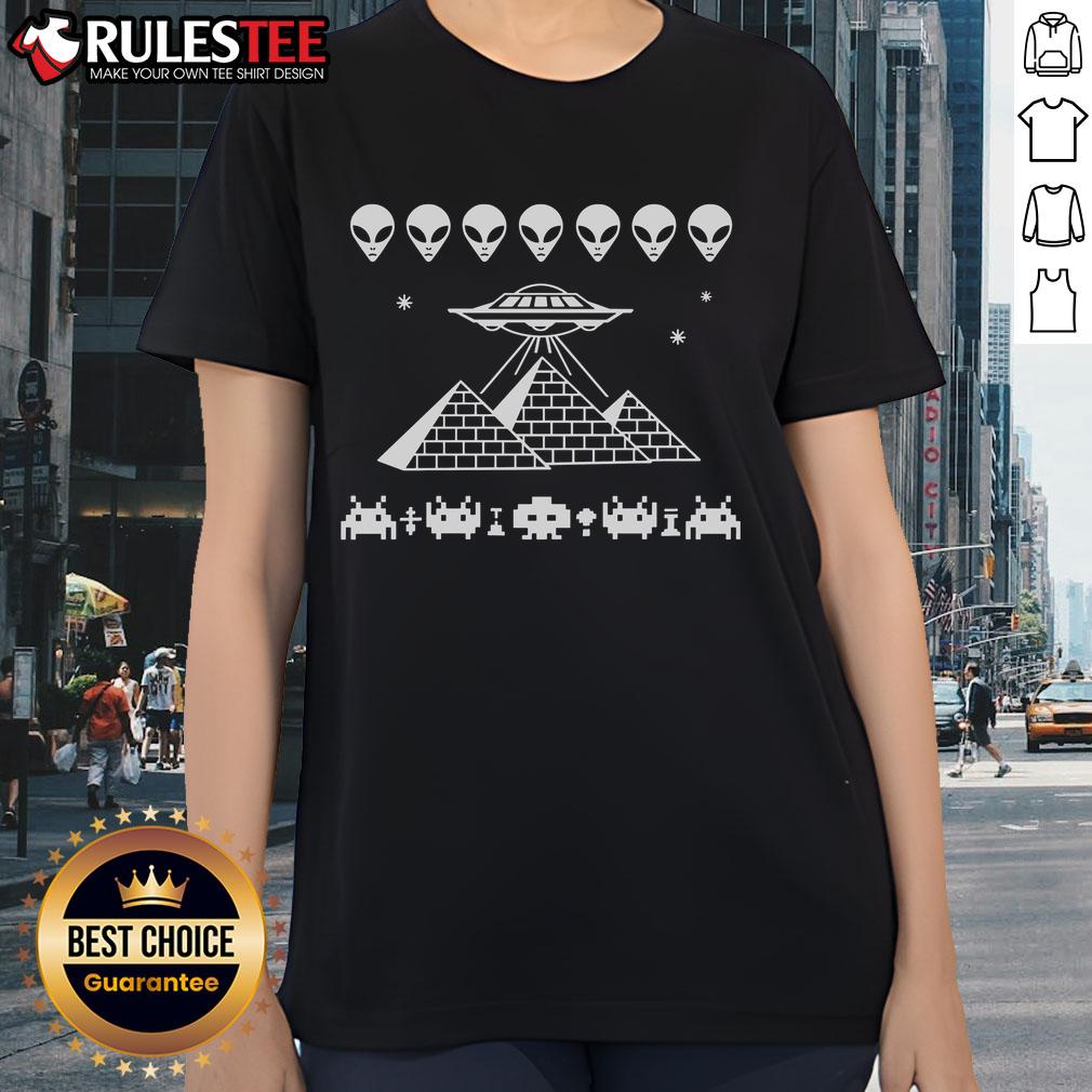 Awesome UFO Pyramid Space Invader Ladies Tee featuring a vibrant alien design on a stylish women's t-shirt.