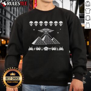 Alt Text: Awesome UFO Pyramid Space Invader Sweatshirt featuring a vibrant alien graphic and cozy design for sci-fi fans.