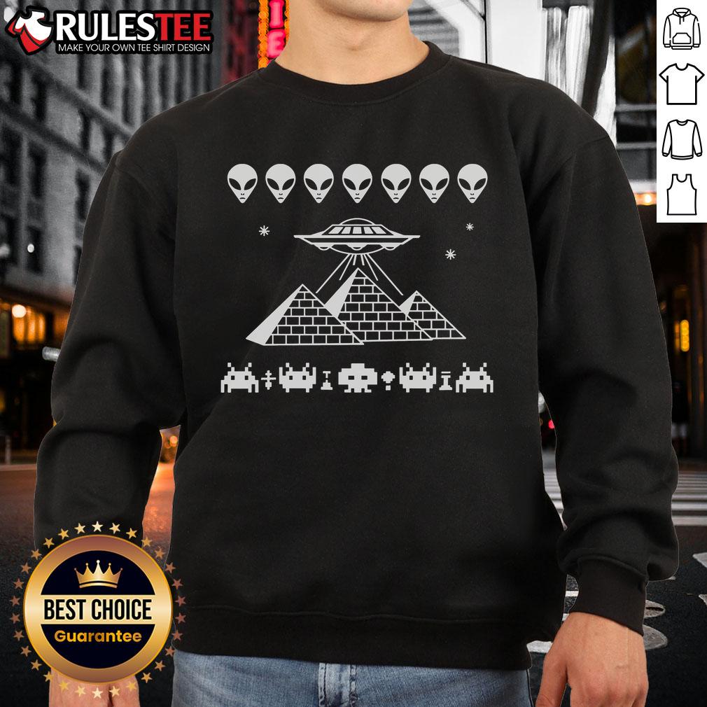 Alt Text: Awesome UFO Pyramid Space Invader Sweatshirt featuring a vibrant alien graphic and cozy design for sci-fi fans.