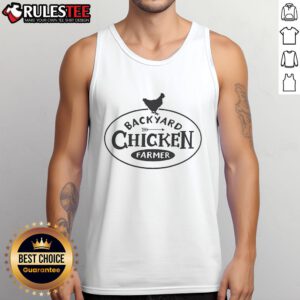 Adorable farmer wearing a 'Cute Backyard Chicken Lover' tank top, surrounded by happy chickens in a sunny backyard.