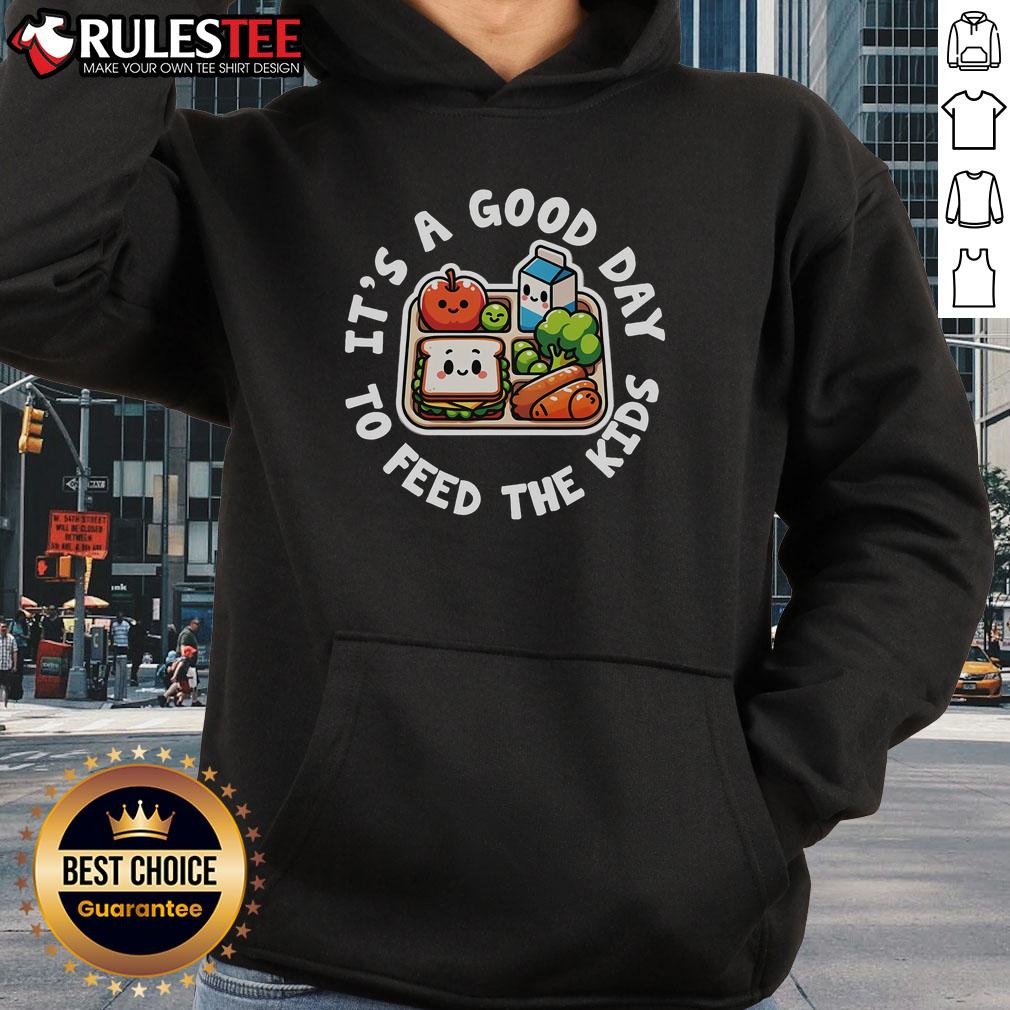 Cute lunch lady appreciation hoodie in a school cafeteria, celebrating staff with a cheerful message for kids.