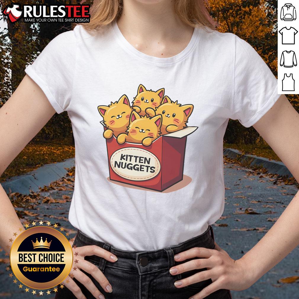 Adorable 'Cute Kitten Nuggets' graphic on a ladies' tee, perfect for cat lovers and chicken nugget enthusiasts.