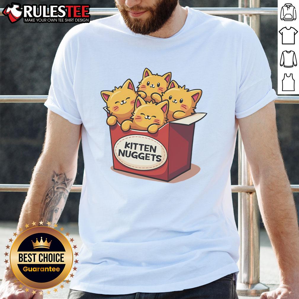 Adorable kitten graphic on a 'Cute Kitten Nuggets Chicken Nuggets' T-shirt for cat lovers, showcasing fun pet-themed apparel.