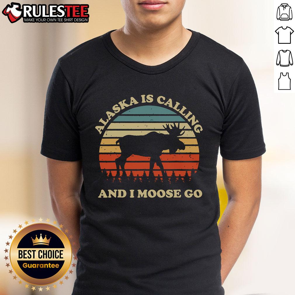 Funny Alaska Is Calling And I Moose Go T-Shirt featuring a playful moose graphic and bold text, perfect for nature lovers.