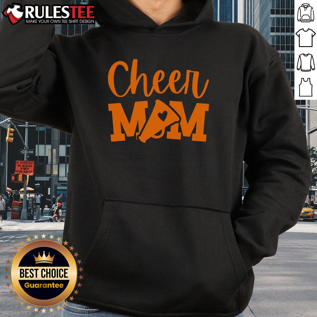 Funny Cheer Mom in an orange cheerleading hoodie, showcasing team spirit and humor at a school event.