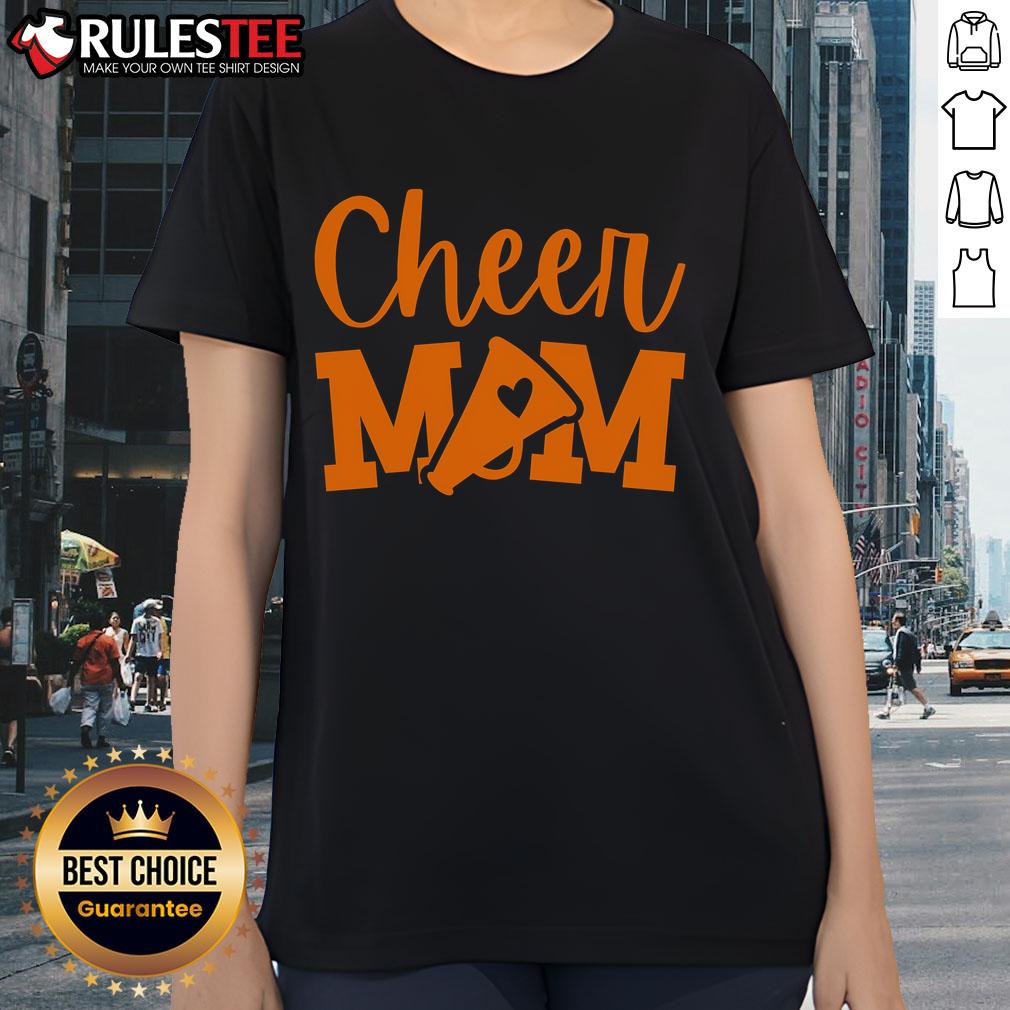 Funny cheer mom in an orange tee, showcasing cheerleading spirit with a playful design for enthusiastic cheerleading ladies.